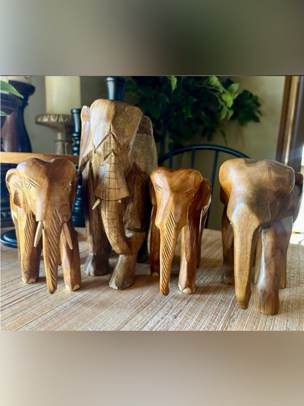 Solid Wood Hand Carved Elephants.
